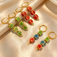 Holiday colorful ceramics square bead stainless steel earrings