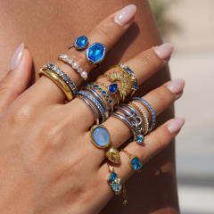 Blue cubic zircon inlaid stainless steel rings collection stackable rings