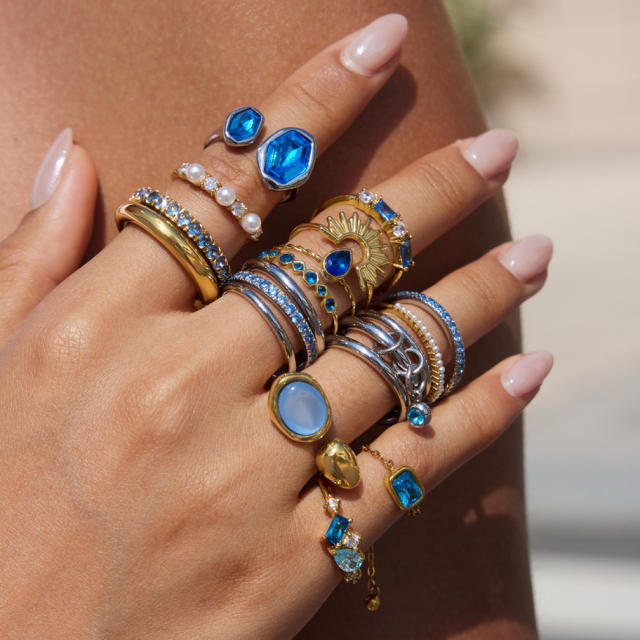 Blue cubic zircon inlaid stainless steel rings collection stackable rings
