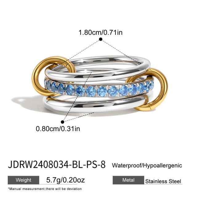 Blue cubic zircon inlaid stainless steel rings collection stackable rings