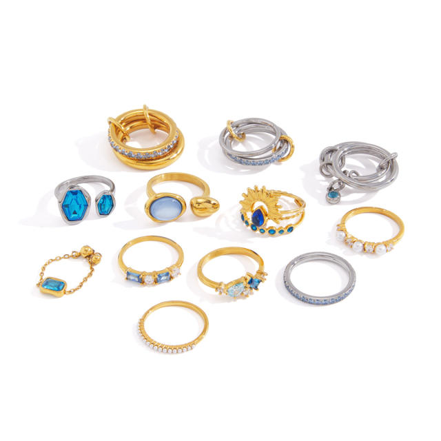 Blue cubic zircon inlaid stainless steel rings collection stackable rings