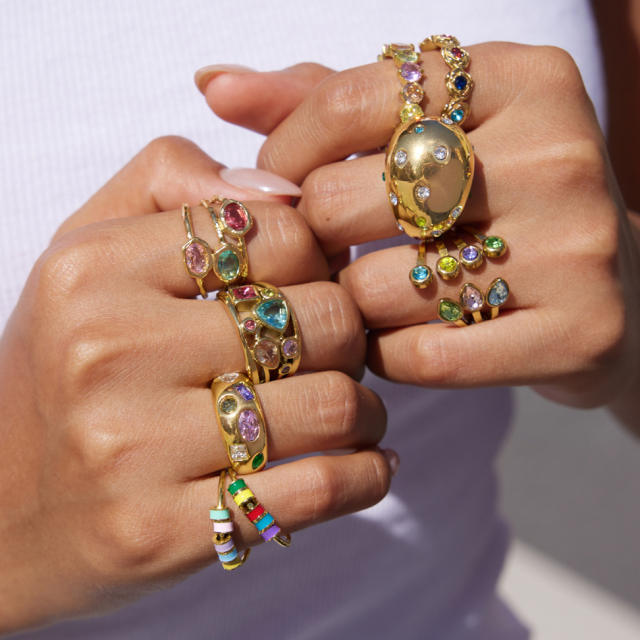 Summer colorful cubic zircon inlaid unique stainless steel rings collection stackable rings