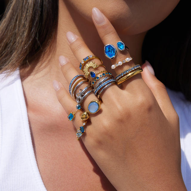 Blue cubic zircon inlaid stainless steel rings collection stackable rings
