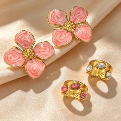 Sweet pink color enamel flower petal big earrings natural stone stainless steel rings