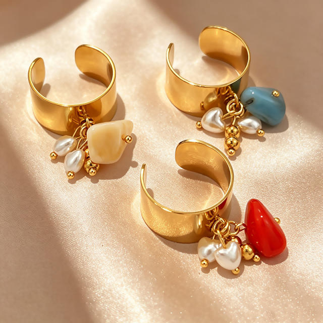 Summer holiday colorful resin stone stainless steel rings wide rings