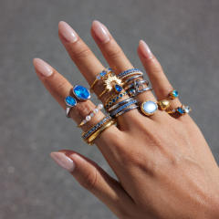 Blue cubic zircon inlaid stainless steel rings collection stackable rings