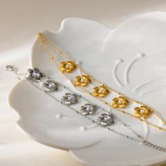 18KG popular pearl inlaid five petal flower double layer chain bracelet