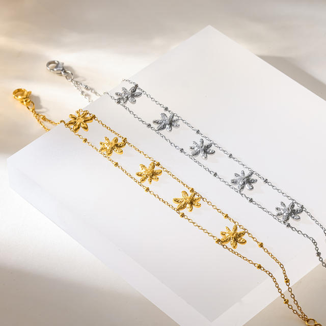 18KG double layer chain hammer pattern daisy flower stainless steel bracelet
