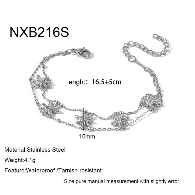 18KG double layer chain hammer pattern daisy flower stainless steel bracelet