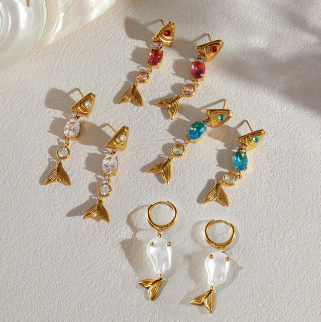 Summer colorful cubic zircon fish shape stainless steel earrings bracelet beach jewelry