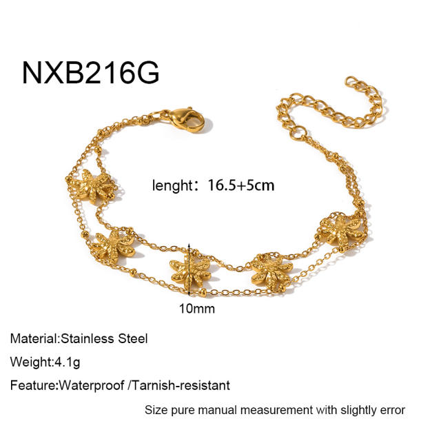 18KG double layer chain hammer pattern daisy flower stainless steel bracelet