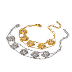 18KG popular pearl inlaid five petal flower double layer chain bracelet