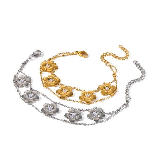 18KG popular pearl inlaid five petal flower double layer chain bracelet