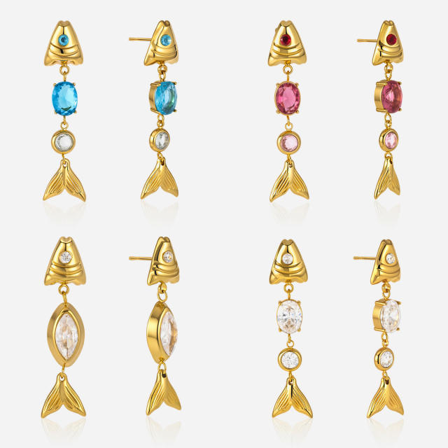Summer colorful cubic zircon fish shape stainless steel earrings bracelet beach jewelry