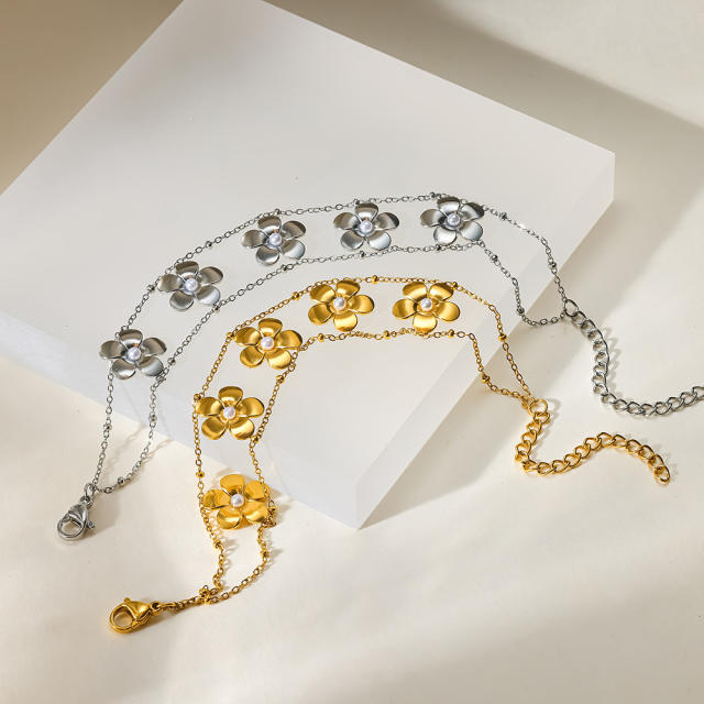 18KG popular pearl inlaid five petal flower double layer chain bracelet