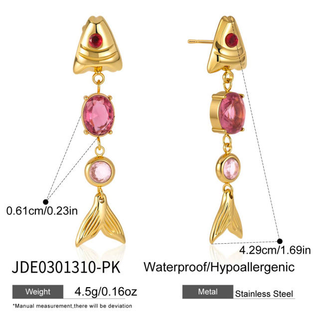 Summer colorful cubic zircon fish shape stainless steel earrings bracelet beach jewelry