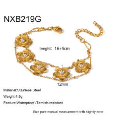 18KG popular pearl inlaid five petal flower double layer chain bracelet