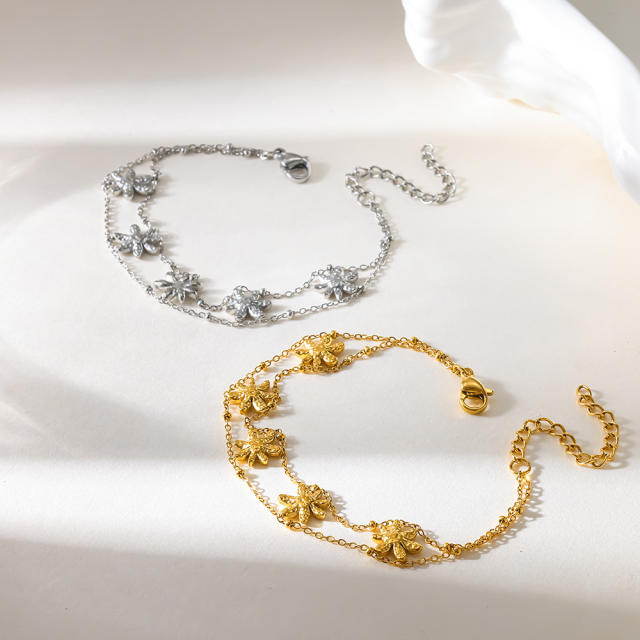 18KG double layer chain hammer pattern daisy flower stainless steel bracelet
