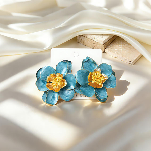 Stereo color enamel flower camellia flower earrings for women big earrings