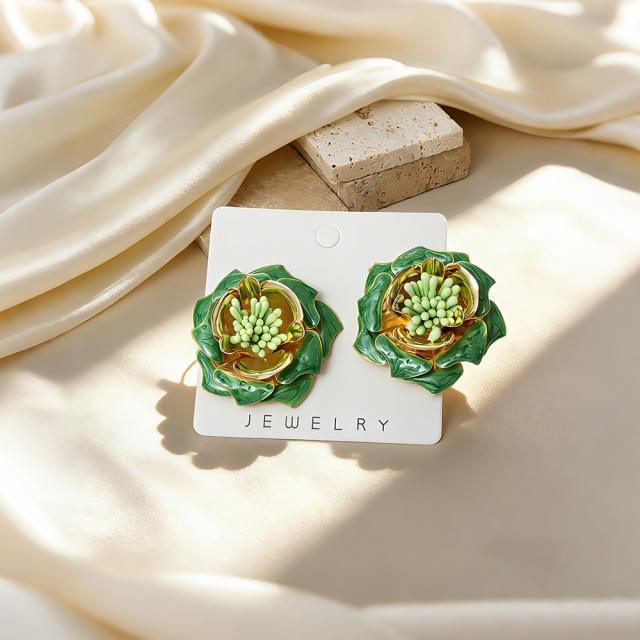 Stereo color enamel flower camellia flower earrings for women big earrings