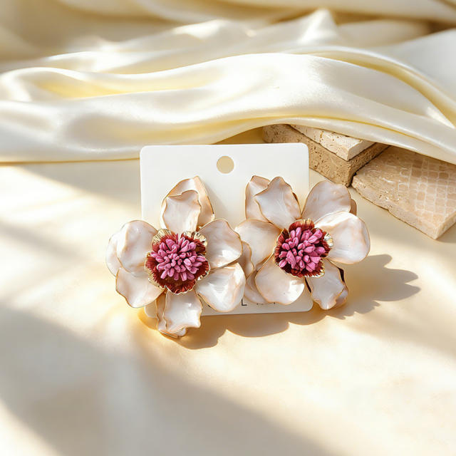 Stereo color enamel flower camellia flower earrings for women big earrings