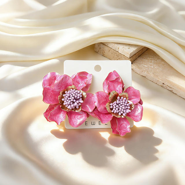 Stereo color enamel flower camellia flower earrings for women big earrings
