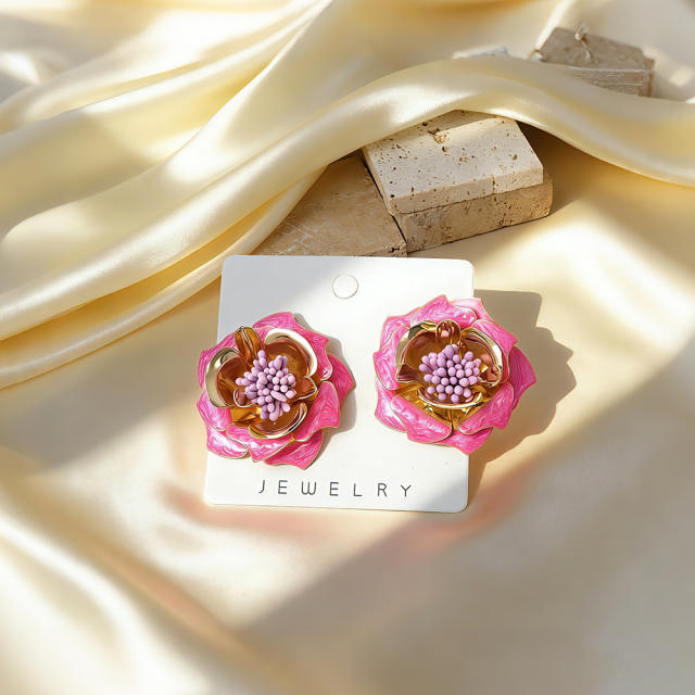 Stereo color enamel flower camellia flower earrings for women big earrings