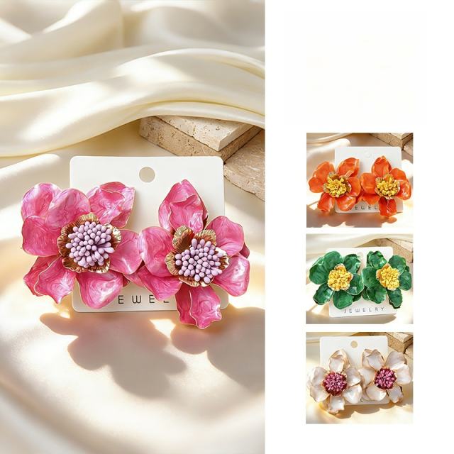 Stereo color enamel flower camellia flower earrings for women big earrings