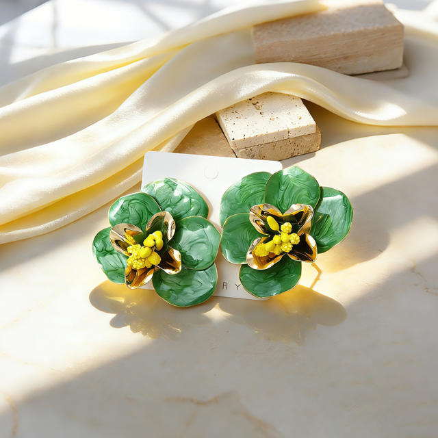 Stereo color enamel flower camellia flower earrings for women big earrings
