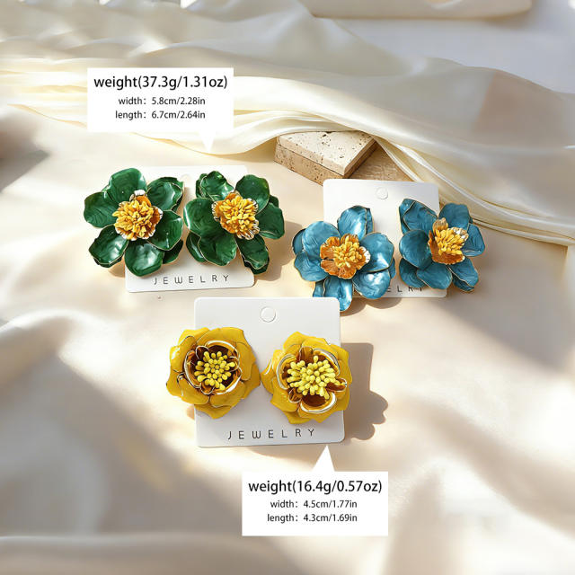 Stereo color enamel flower camellia flower earrings for women big earrings