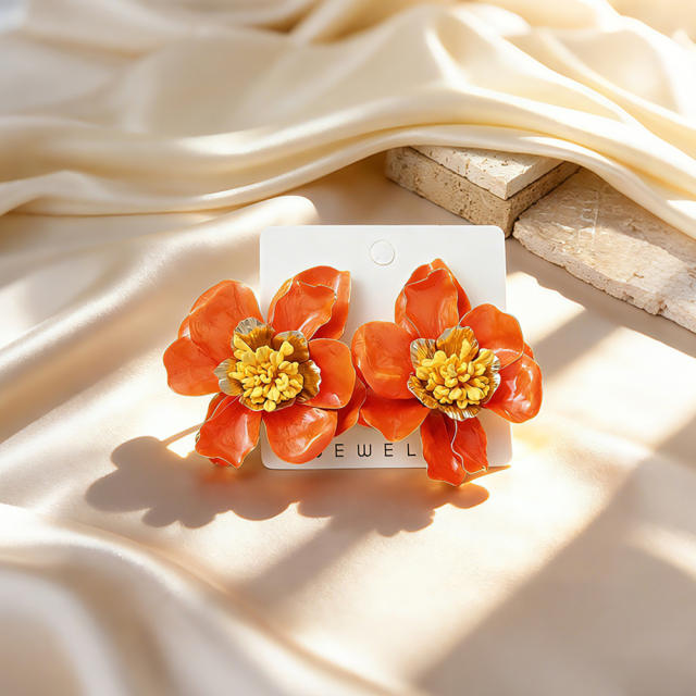 Stereo color enamel flower camellia flower earrings for women big earrings