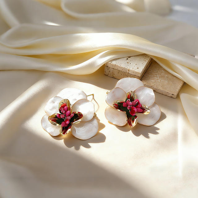 Stereo color enamel flower camellia flower earrings for women big earrings