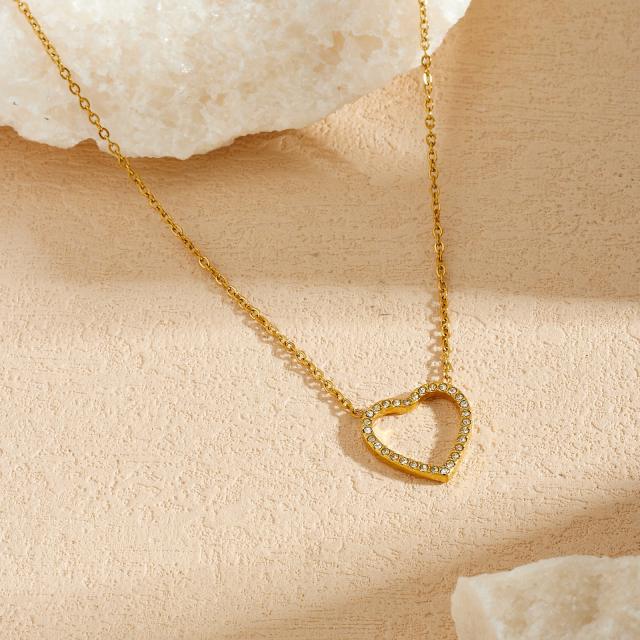Simple hollow out diamond heart dainty stainless steel necklace