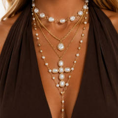 Imitation pearl bead multi layer cross pendant necklace for women