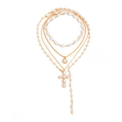Imitation pearl bead multi layer cross pendant necklace for women