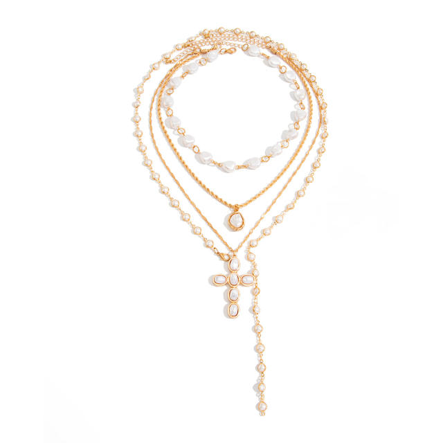Imitation pearl bead multi layer cross pendant necklace for women