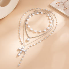 Imitation pearl bead multi layer cross pendant necklace for women