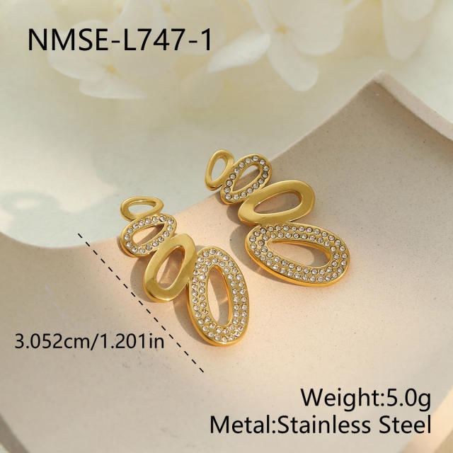Elegant diamond oval circle stainless steel earrings