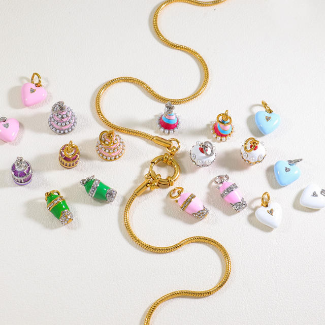 Sweet color enamel cake heart stereo stainless steel charms diy jewelry accessory