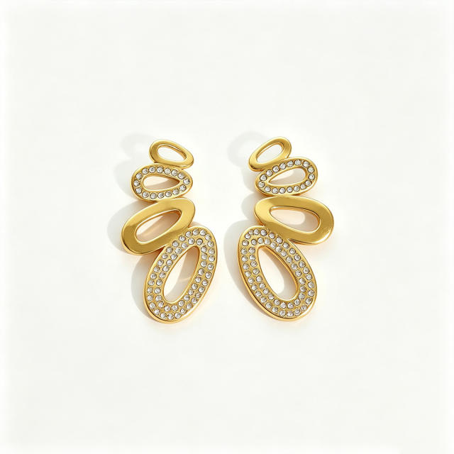 Elegant diamond oval circle stainless steel earrings