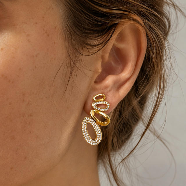 Elegant diamond oval circle stainless steel earrings