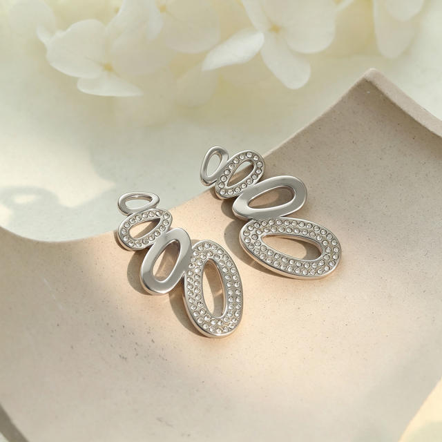 Elegant diamond oval circle stainless steel earrings