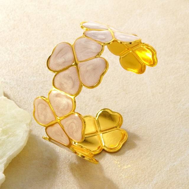 Color enamel lucky flower stainless steel bangle bracelet