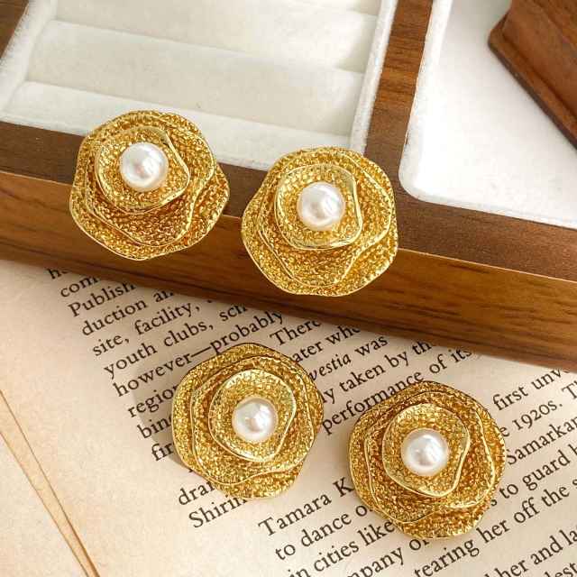 Three layer stereo camellia flower stainless steel earrings pearl earrings