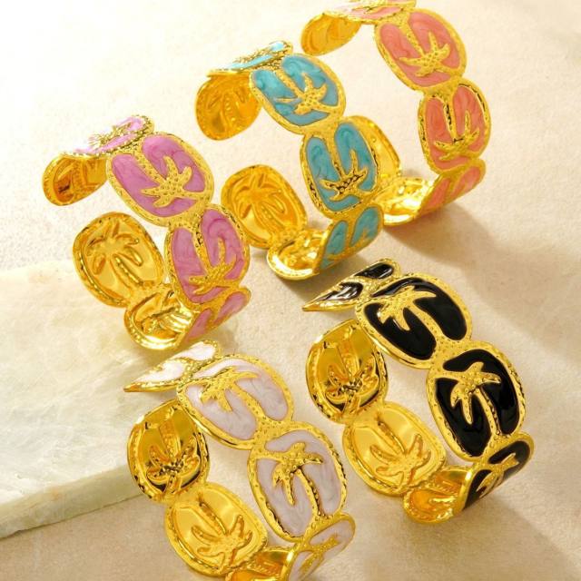 Holiday design color enamel coconut tree stainless steel bangle bracelet