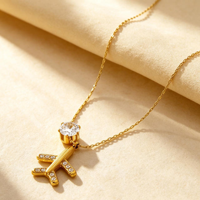 18KG diamond plane pendant stainless steel necklace