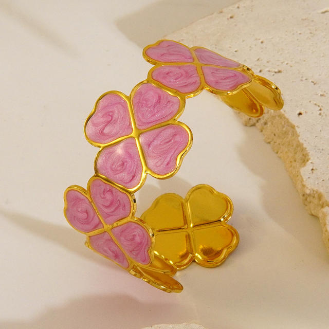 Color enamel lucky flower stainless steel bangle bracelet