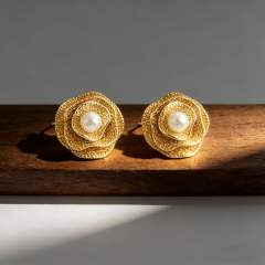 Three layer stereo camellia flower stainless steel earrings pearl earrings