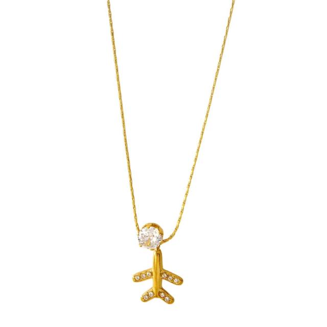 18KG diamond plane pendant stainless steel necklace