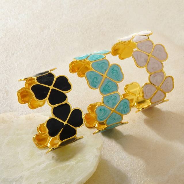 Color enamel lucky flower stainless steel bangle bracelet